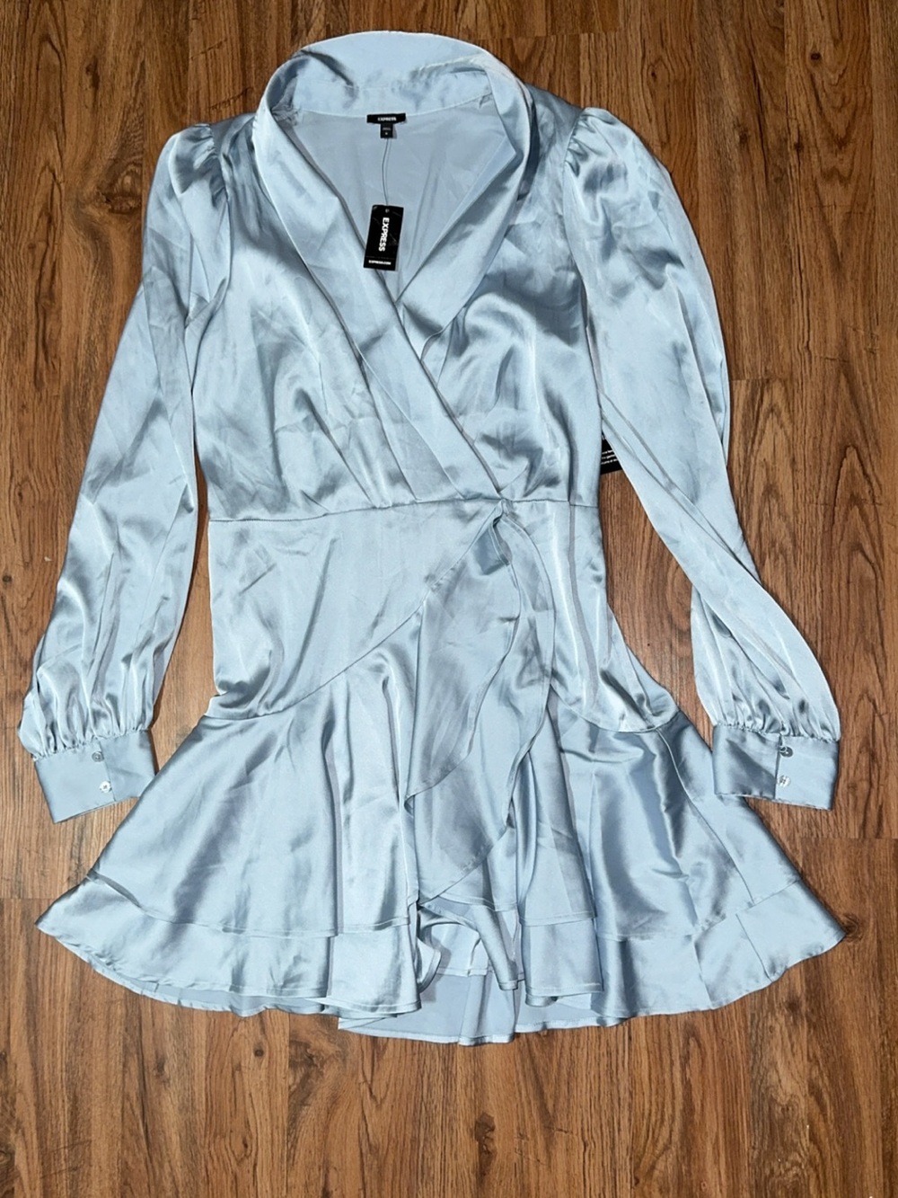 Express Light Blue Satin Wrap Dress with Long Sleeves